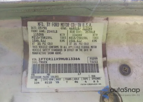 1991 Ford Ranger from USA, damaged, VIN 1FTCR11X9MUB13366